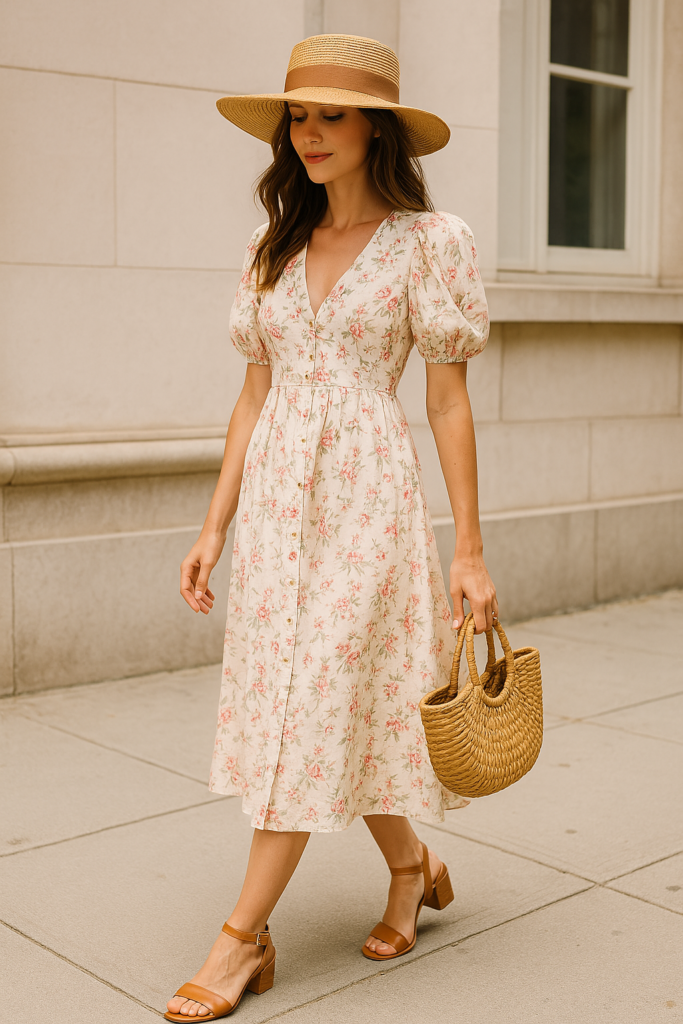 Chic floral midi dress styled for a Mother’s Day brunch with low-heeled sandals