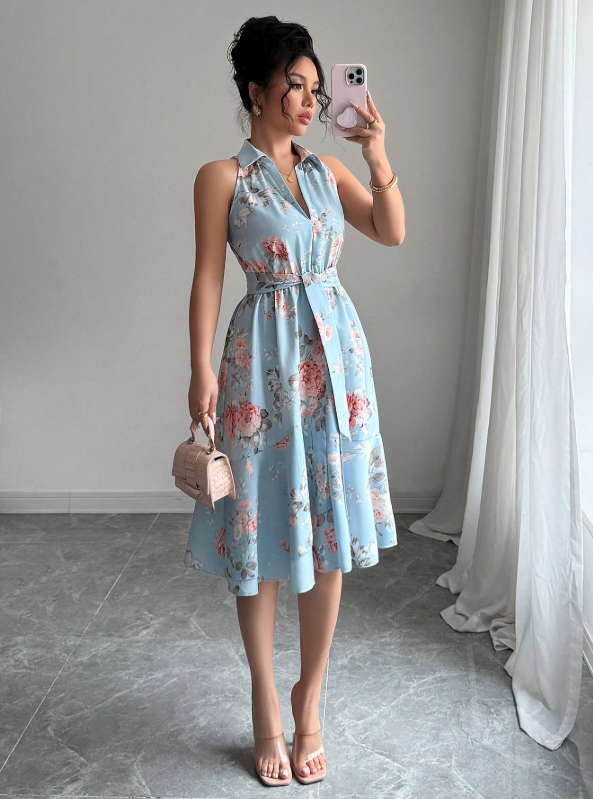 Chic floral midi dress styled with heels for brunch outfit