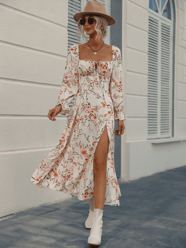 Floral midi dress with a flowy silhouette, perfect for spring events and daytime outings