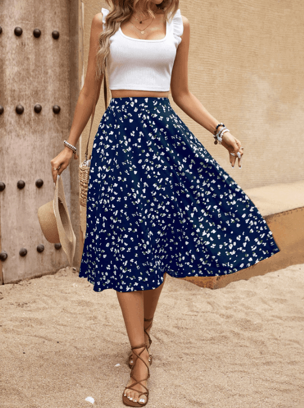 Woman wearing a stylish A-line skirt that flatters the pear body shape figure.
