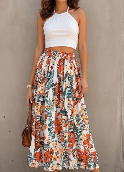 Flowy maxi floral skirt styled for a spring daytime look with neutral accessories.