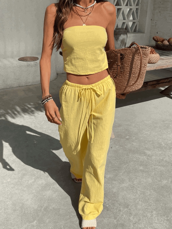 Chic two-piece linen outfit styled for summer fashion trends