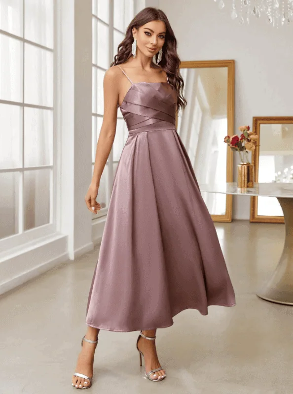 Satin midi dress for summer 2025 wedding dresses – elegant and chic choice for formal hall weddings.